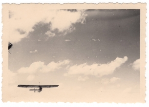 <h5>Glider</h5><p>This glider was found in a field. One of the soldiers found a way to get it airborne. Photo provided by family of Ivo Schommer.</p>